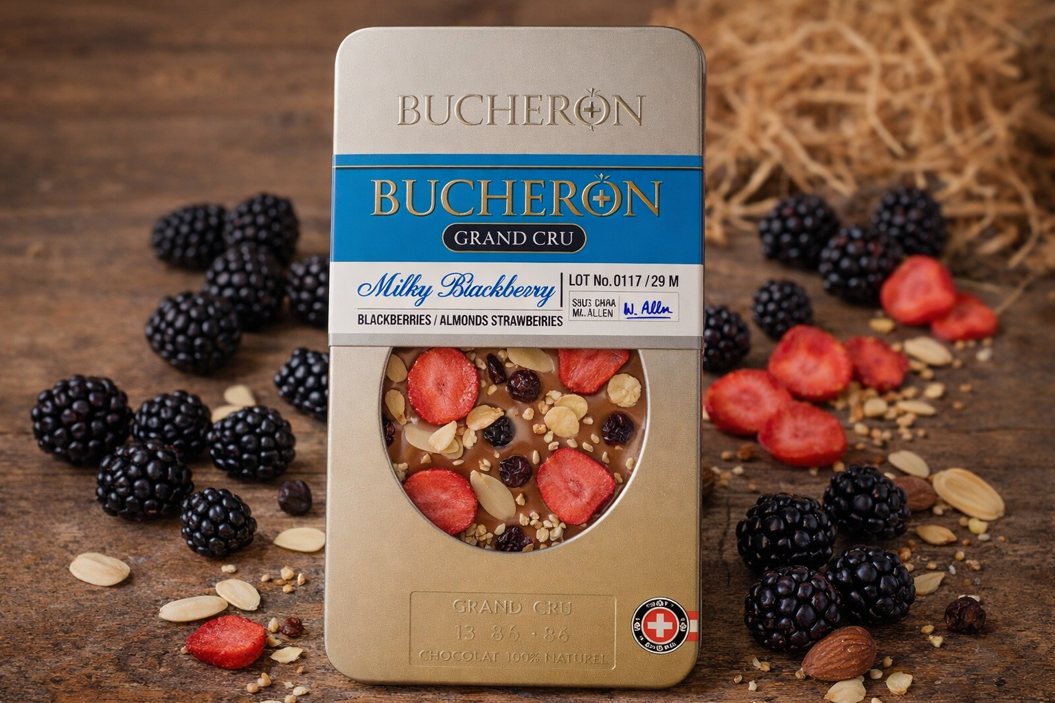 Boucheron milk chocolate with blackberries, nuts, and strawberries 100g