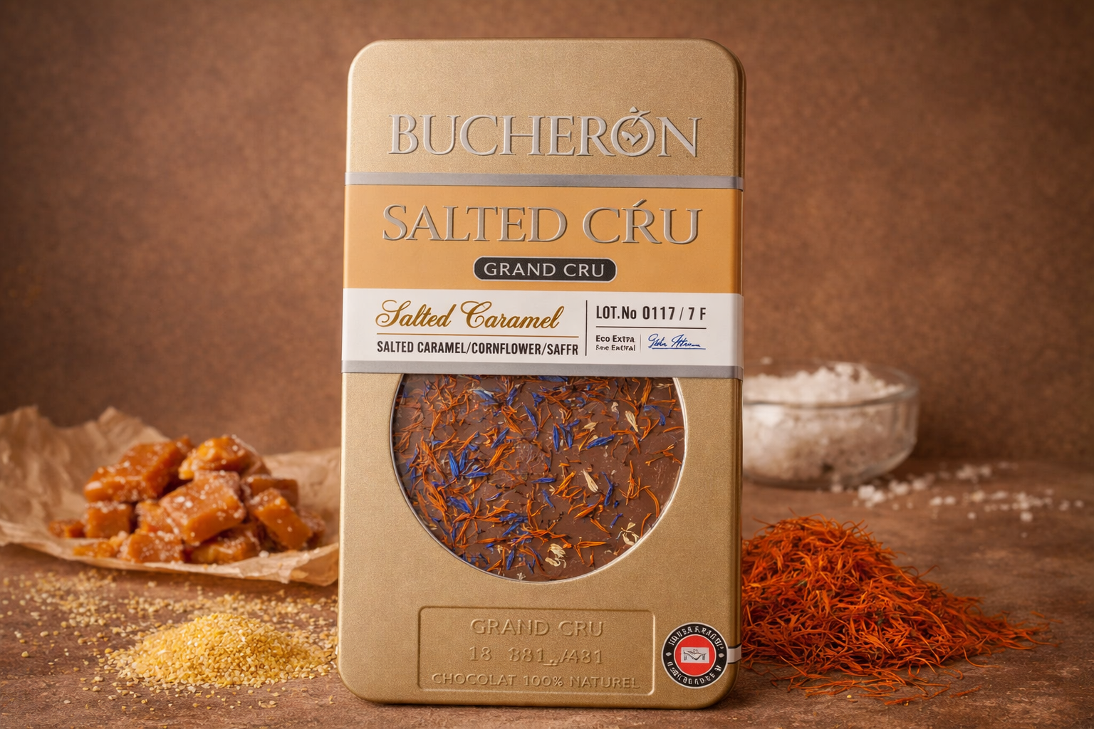 Boucheron milk chocolate with salted caramel, saffron, and cornmeal 100g
