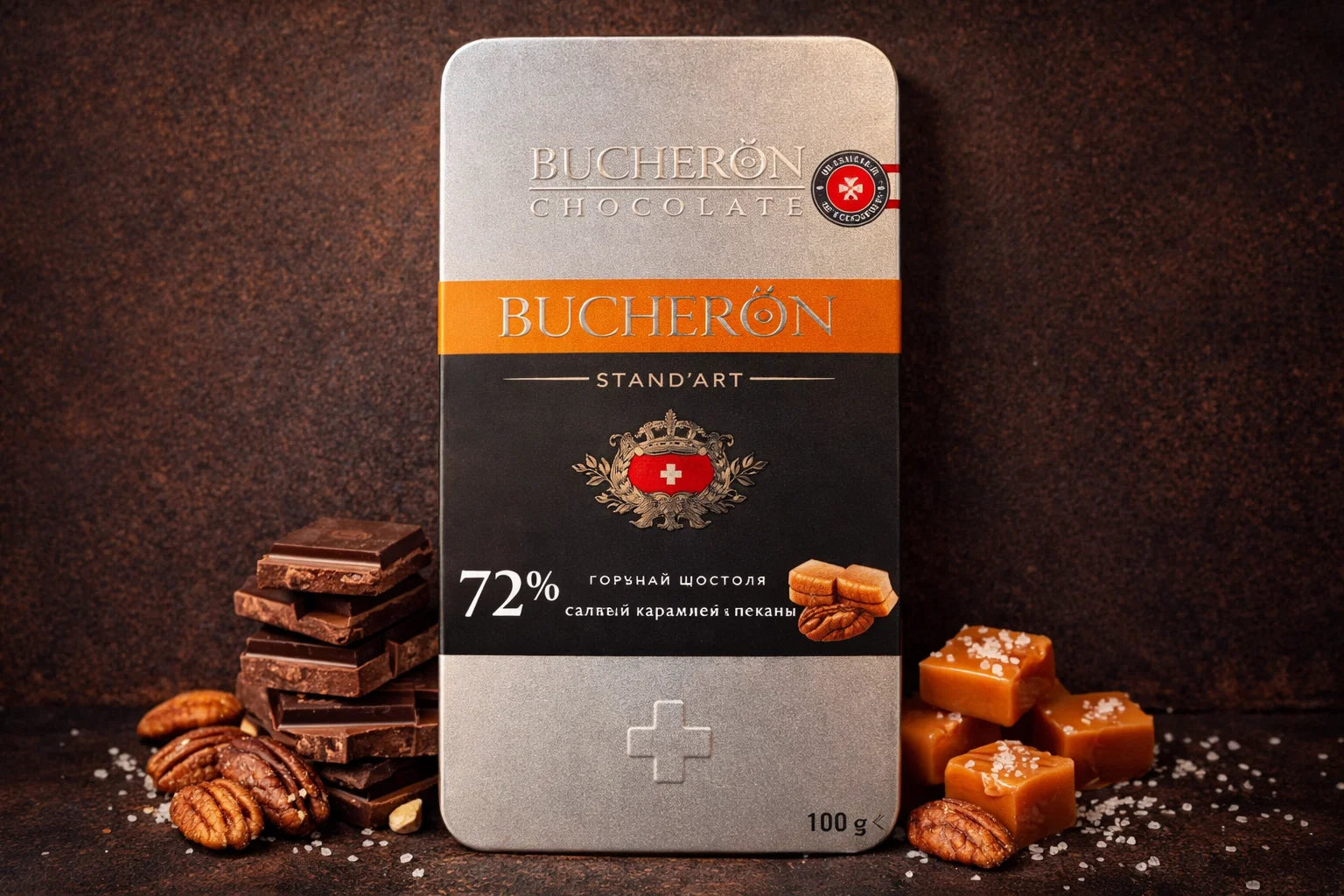 Bucheron Dark chocolate 72% with salted caramel and pecans 100g