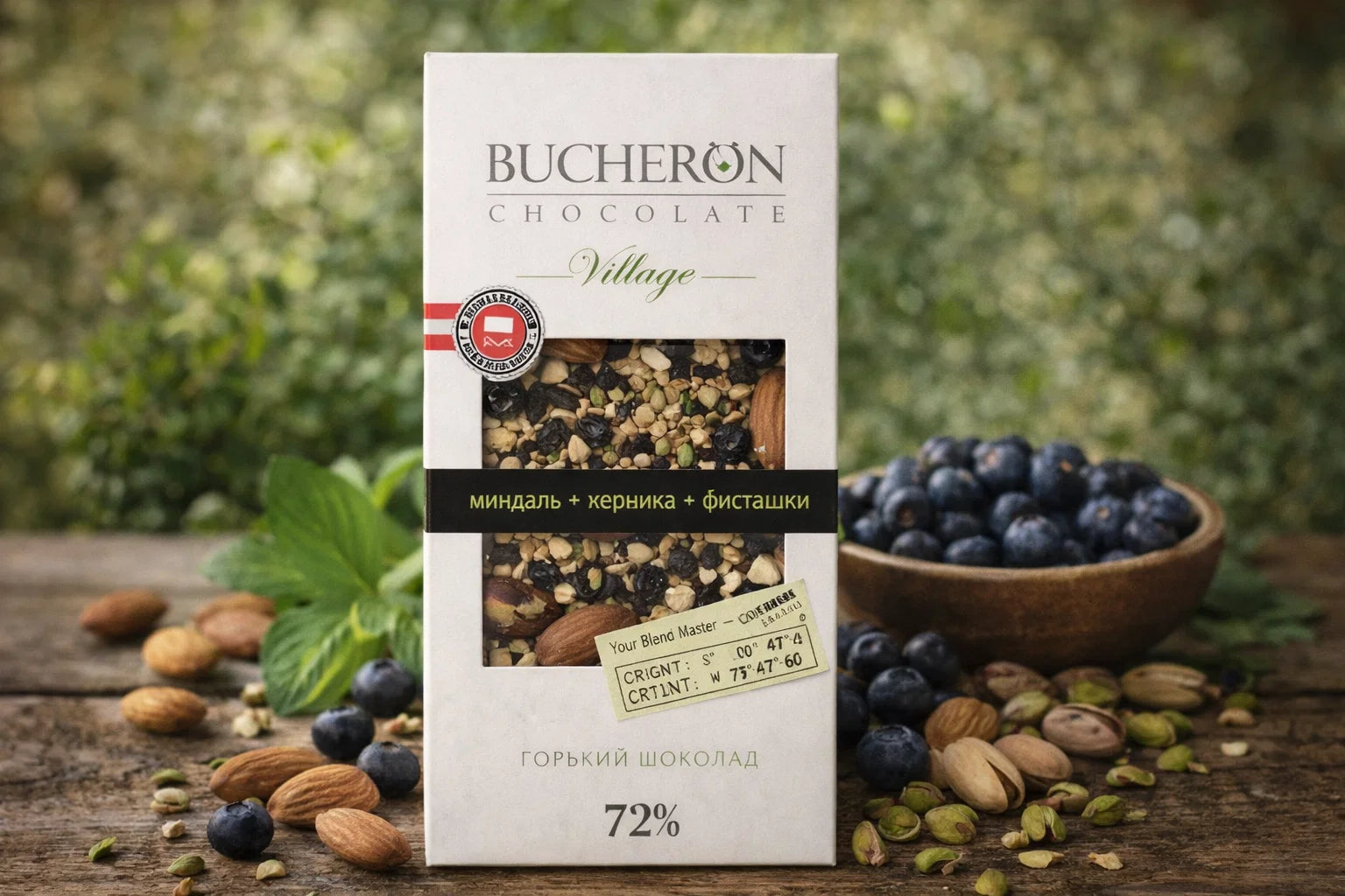 BUCHERON VILLAGE 72% dark with almonds, pistachios, and cranberries 100g - Dark chocolate 72% Bucheron Village with almonds, pistachios, and cranberries