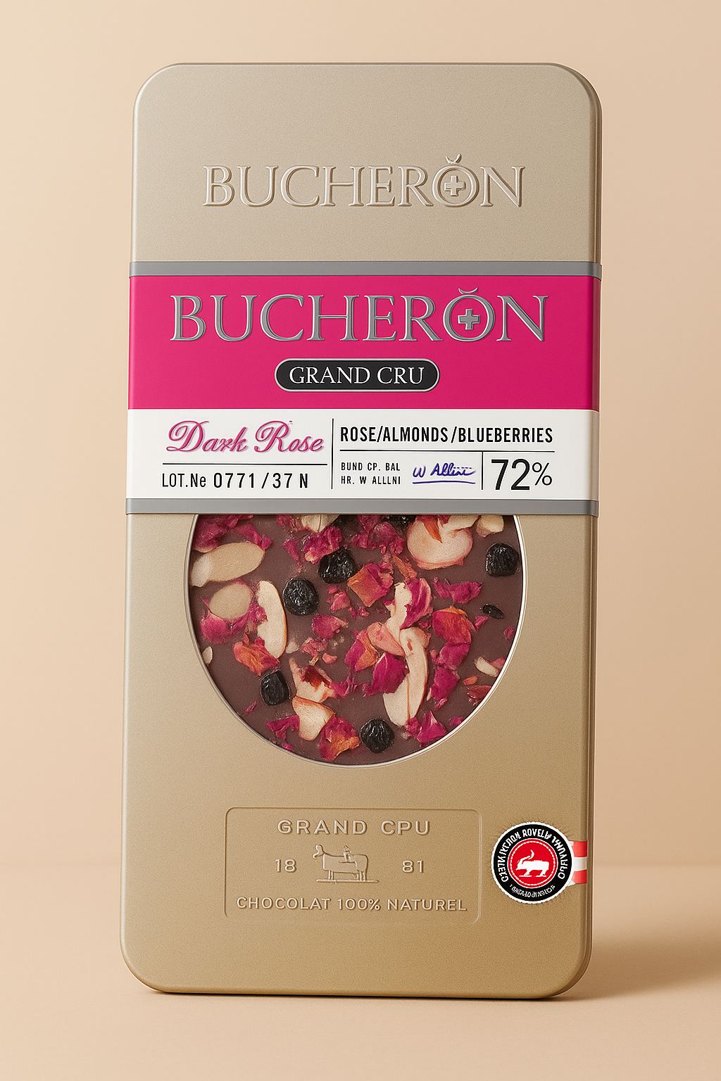 Dark chocolate with almonds, cranberries, and flower petals