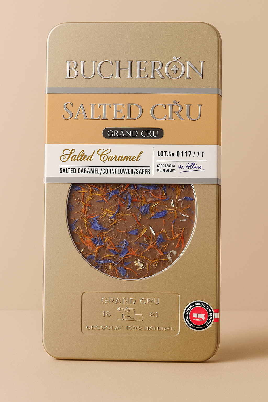 Boucheron milk chocolate with salted caramel, saffron, and cornmeal 100g
