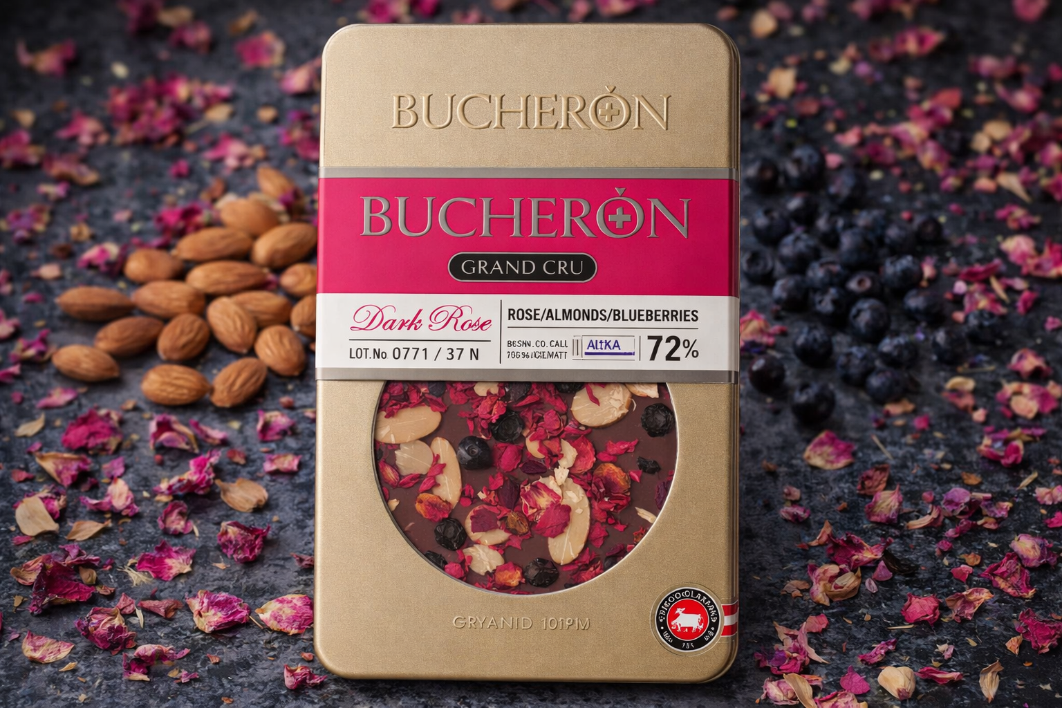 Dark chocolate with almonds, cranberries, and flower petals