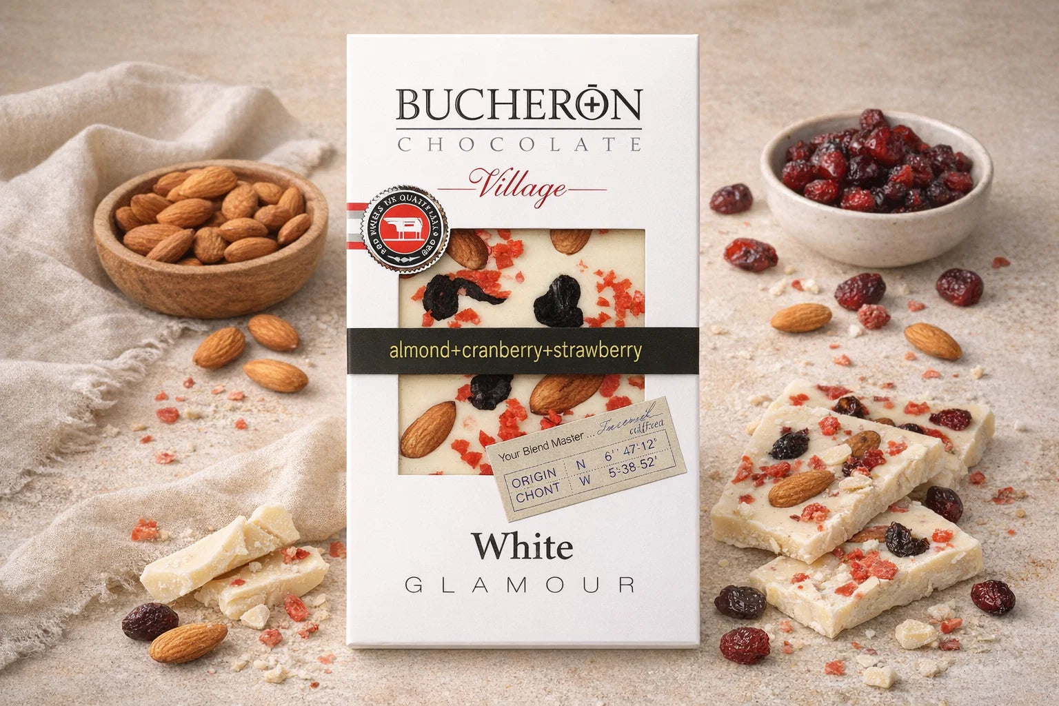 Boucheron white chocolate with almonds, cranberries, and strawberry 100g