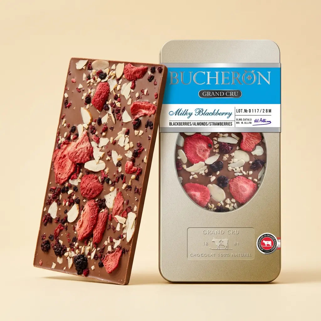 Boucheron milk chocolate with blackberries, nuts, and strawberries 100g